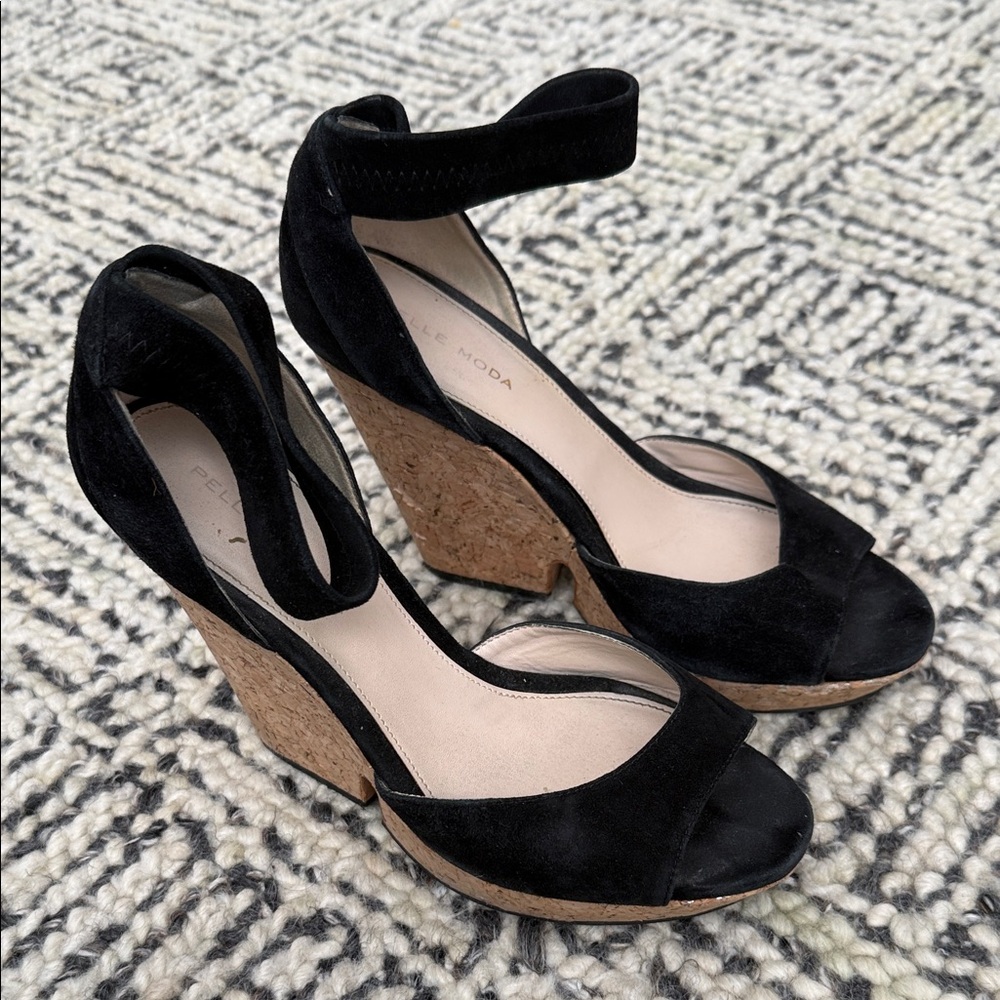 Pelle Moda Black Suede Cork Wedge
